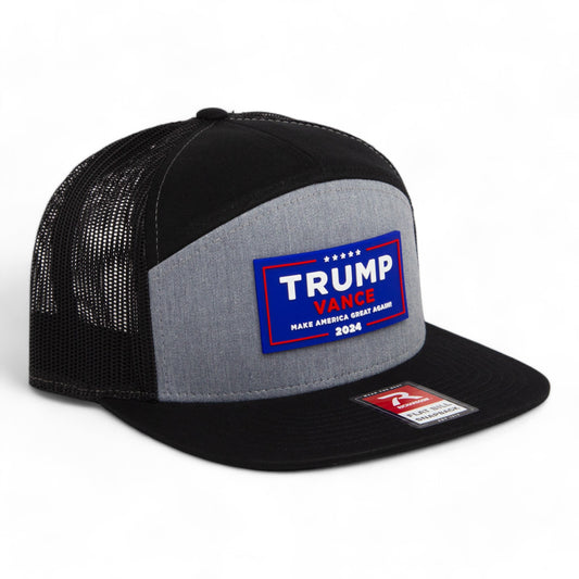 Trump Vance 2024 MAGA 3D Snapback Seven-Panel Flat Bill Trucker Hat- Heather Grey/ Black