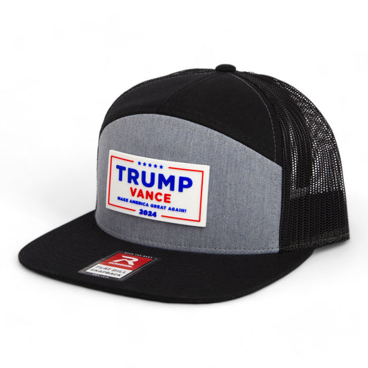 Trump Vance 2024 MAGA White Logo 3D Snapback Seven-Panel Flat Bill Trucker Hat- Heather Grey/ Black