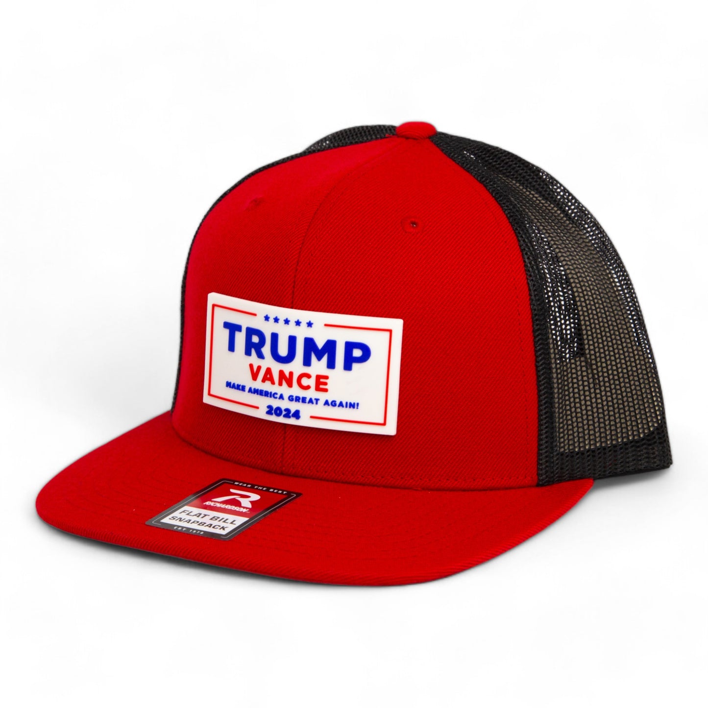 Trump Vance 2024 MAGA White Logo 3D Wool Blend Flat Bill Hat- Red/ Black