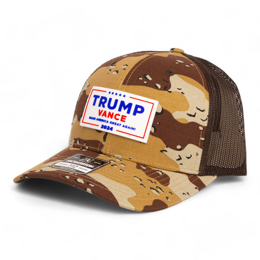 Trump Vance 2024 MAGA White Logo 3D Snapback Trucker Hat- Desert Camo/ Brown