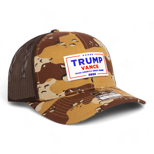 Trump Vance 2024 MAGA White Logo 3D Snapback Trucker Hat- Desert Camo/ Brown