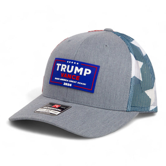 Trump Vance 2024 MAGA 3D Snapback Trucker Hat- Heather Grey/ Stars & Stripes