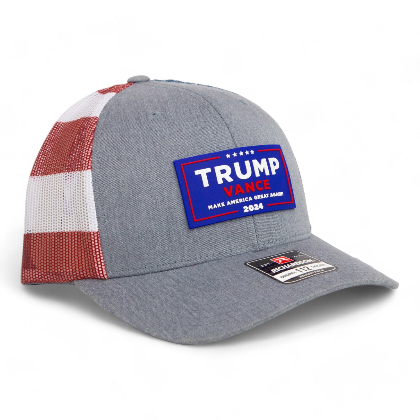 Trump Vance 2024 MAGA 3D Snapback Trucker Hat- Heather Grey/ Stars & Stripes