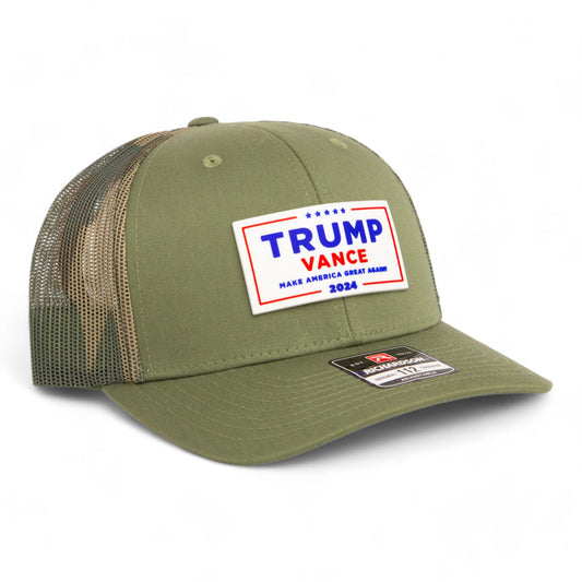 Trump Vance 2024 MAGA White Logo 3D Snapback Trucker Hat- Loden/ Green Camo