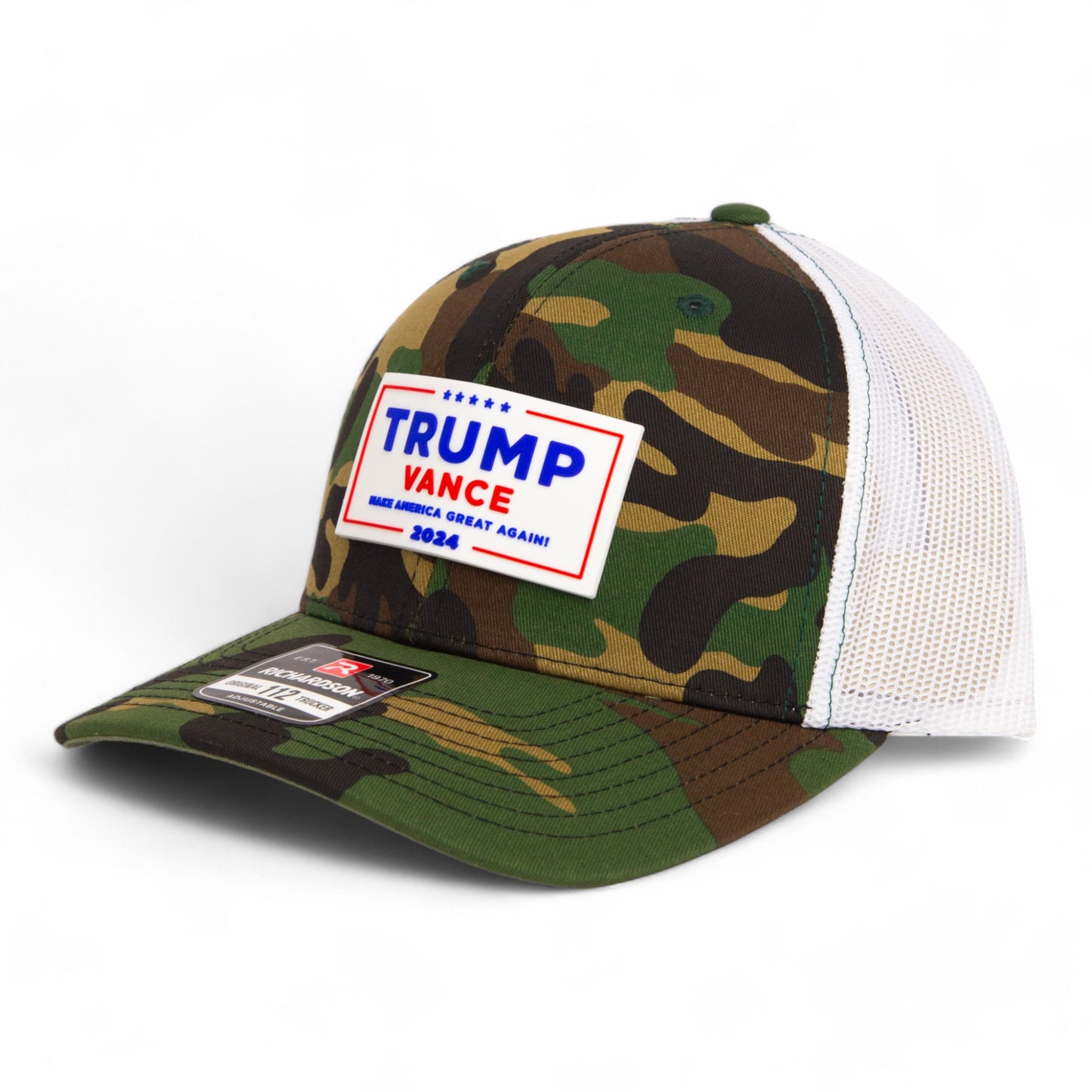 Trump Vance 2024 MAGA White Logo 3D Snapback Trucker Hat- Army Camo/ White