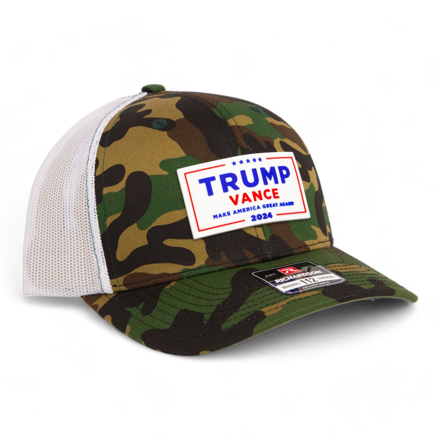 Trump Vance 2024 MAGA White Logo 3D Snapback Trucker Hat- Army Camo/ White