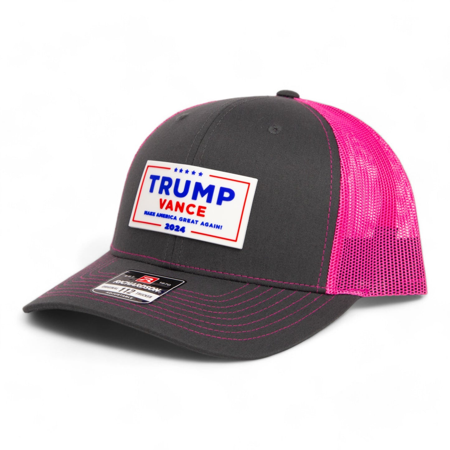 Trump Vance 2024 MAGA White Logo 3D Snapback Trucker Hat- Charcoal/ Hot Pink