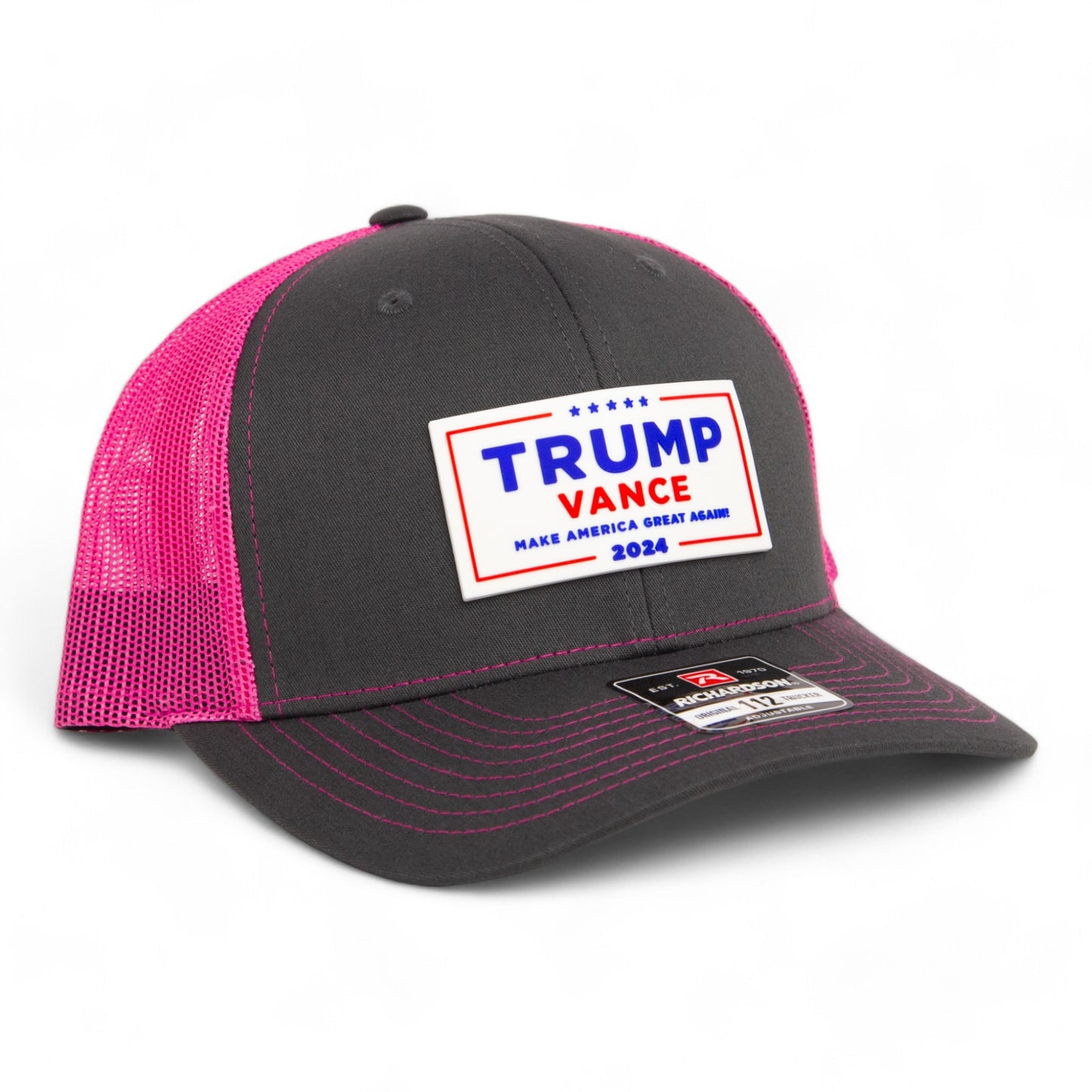 Trump Vance 2024 MAGA White Logo 3D Snapback Trucker Hat- Charcoal/ Hot Pink