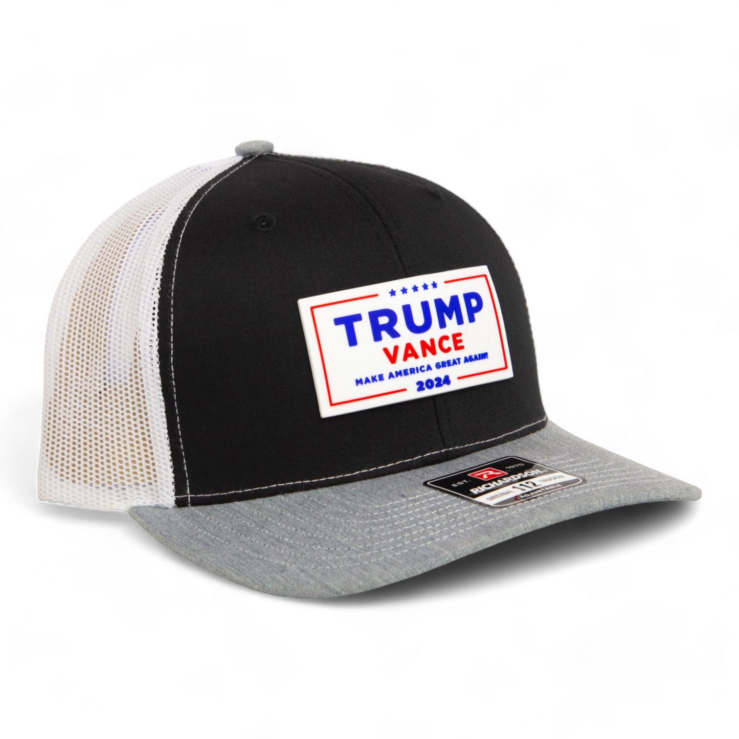 Trump Vance 2024 MAGA White Logo 3D Snapback Trucker Hat- Black/ White/ Heather Grey