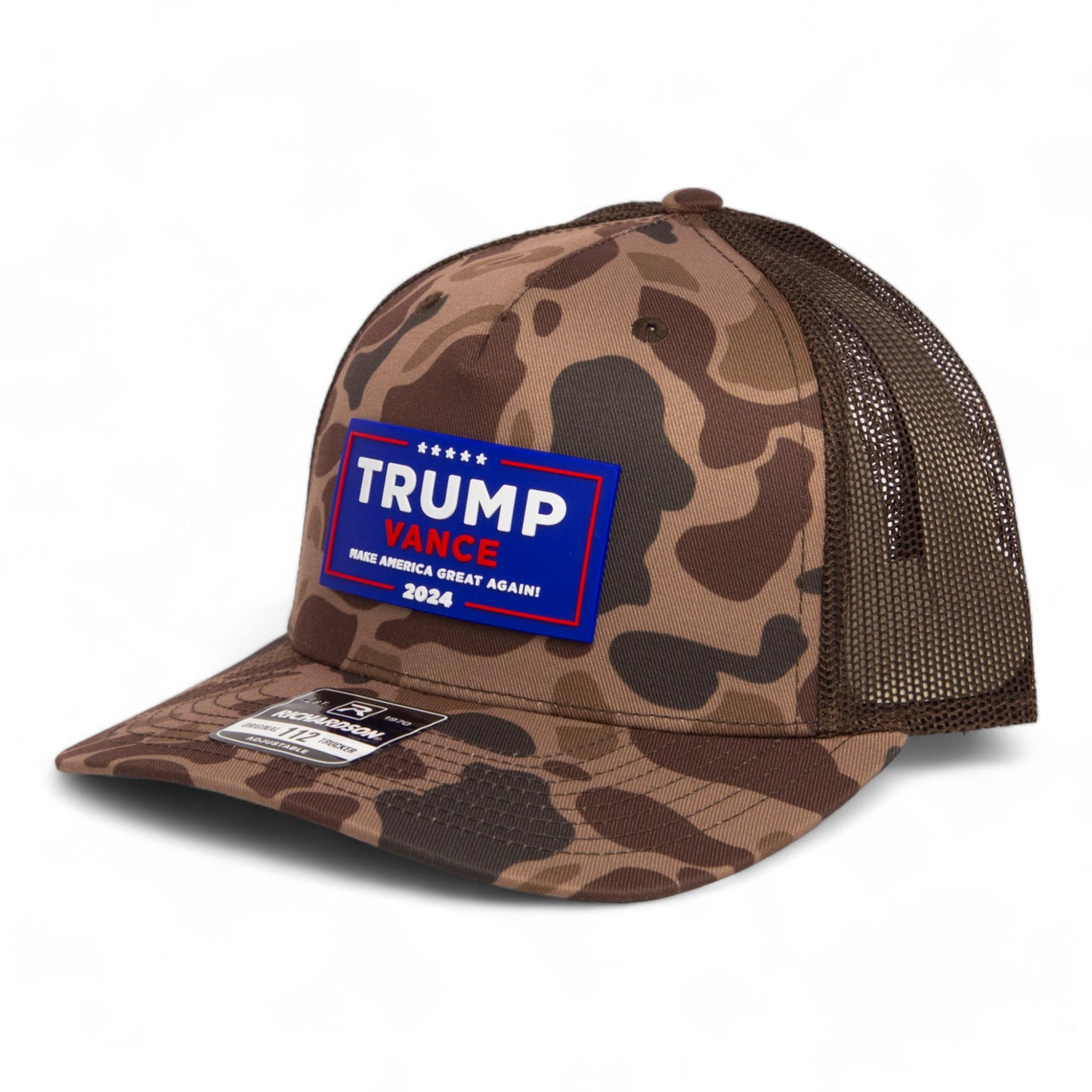 Trump Vance 2024 MAGA 3D Snapback Trucker Hat- Bark Duck Camo/ Brown