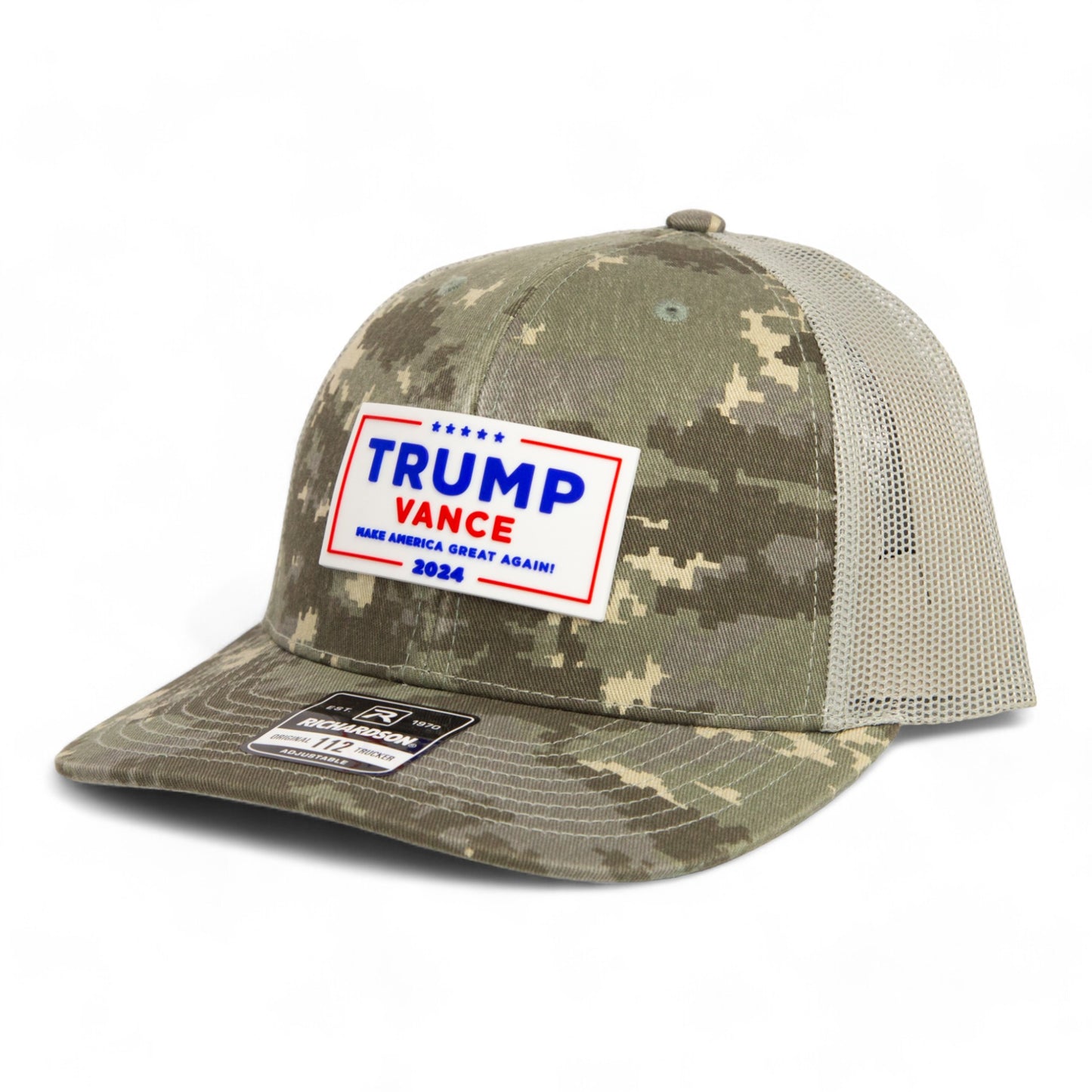 Trump Vance 2024 MAGA White Logo 3D Snapback Trucker Hat- Military Digital Camo