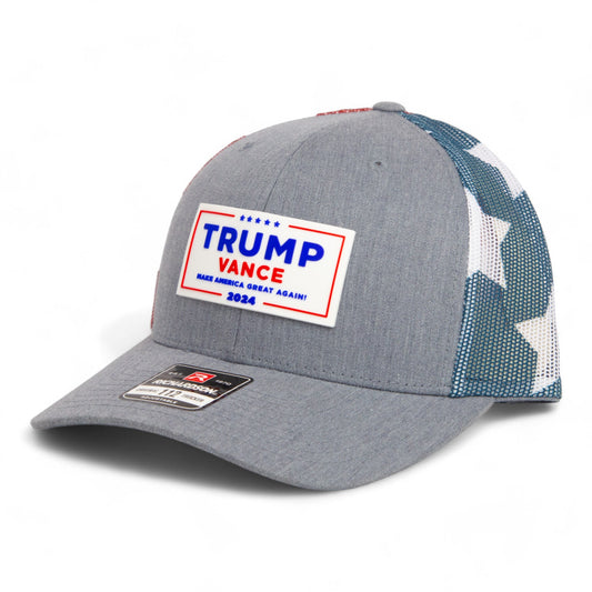 Trump Vance 2024 MAGA White Logo 3D Snapback Trucker Hat- Heather Grey/ Stars & Stripes