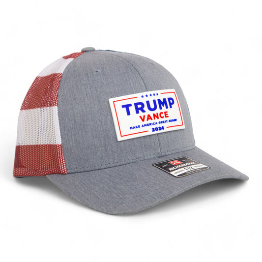 Trump Vance 2024 MAGA White Logo 3D Snapback Trucker Hat- Heather Grey/ Stars & Stripes