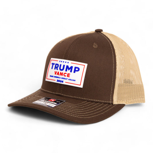 Trump Vance 2024 MAGA White Logo 3D Snapback Trucker Hat- Brown/ Tan