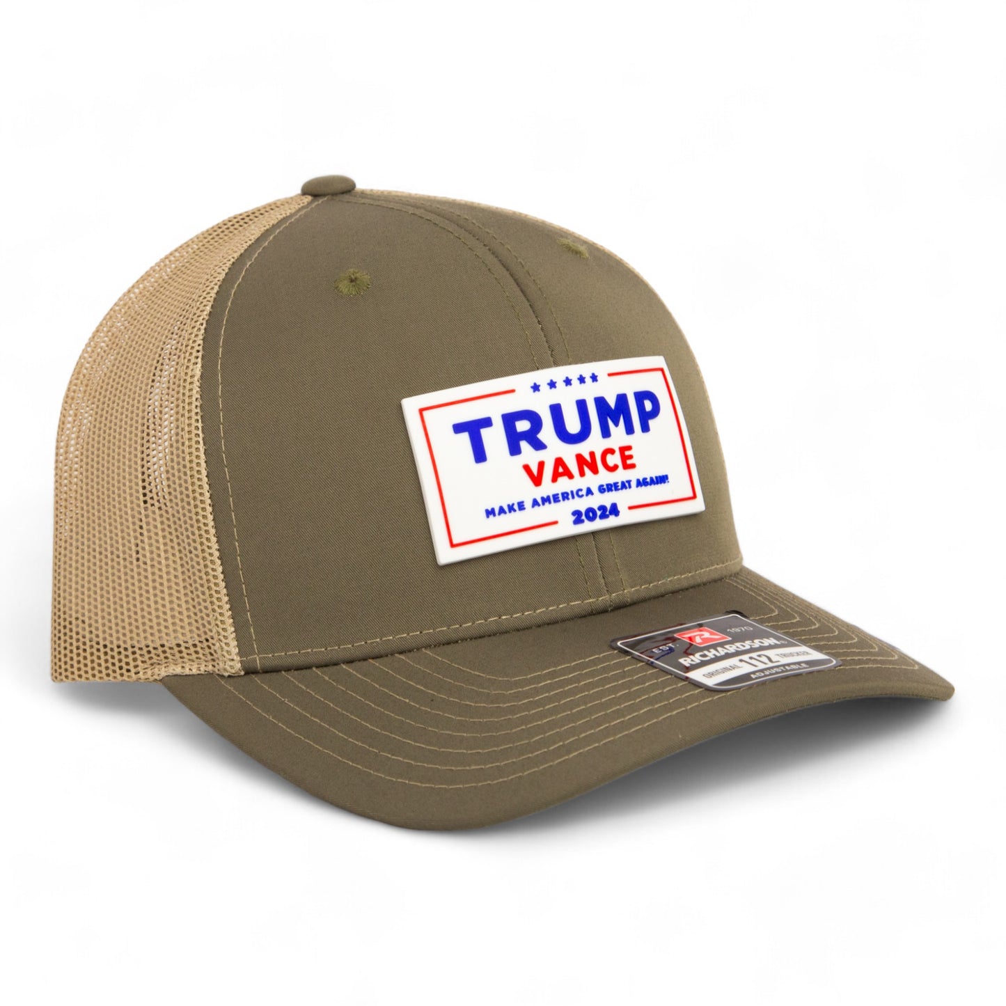 Trump Vance 2024 MAGA White Logo 3D Snapback Trucker Hat- Loden/ Tan