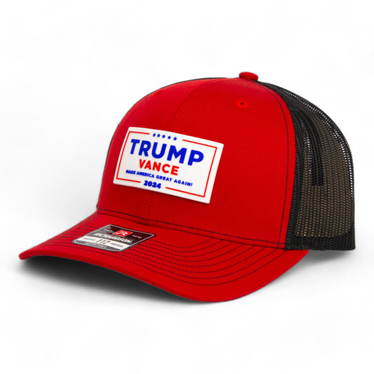 Trump Vance 2024 MAGA White Logo 3D Snapback Trucker Hat- Red/ Black