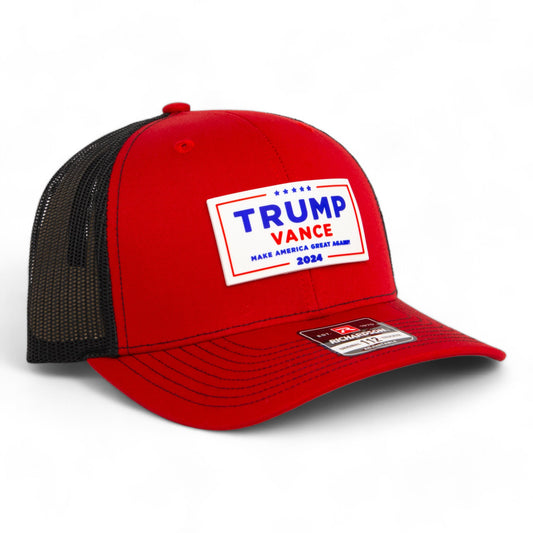 Trump Vance 2024 MAGA White Logo 3D Snapback Trucker Hat- Red/ Black