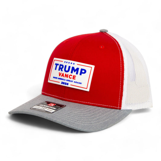 Trump Vance 2024 MAGA White Logo 3D Snapback Trucker Hat- Red/ White/ Heather Grey