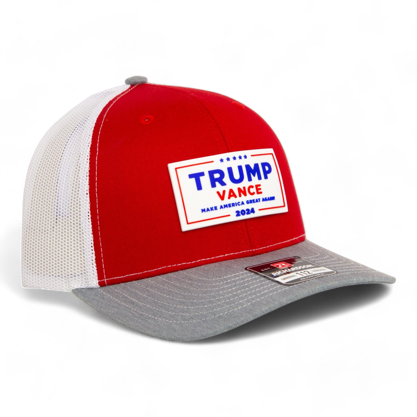 Trump Vance 2024 MAGA White Logo 3D Snapback Trucker Hat- Red/ White/ Heather Grey