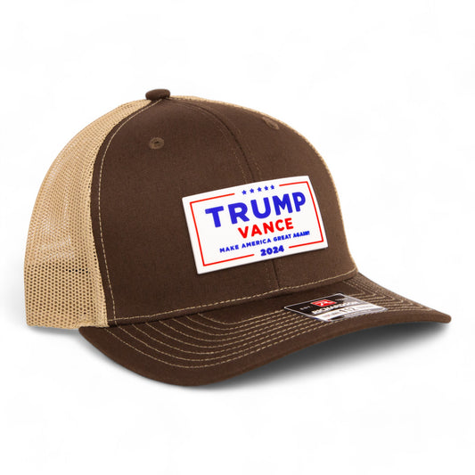 Trump Vance 2024 MAGA White Logo 3D Snapback Trucker Hat- Brown/ Tan