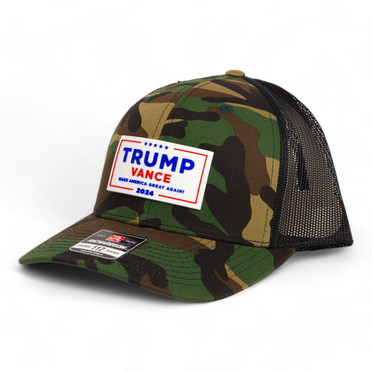 Trump Vance 2024 MAGA White Logo 3D Snapback Trucker Hat- Army Camo/ Black