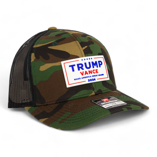 Trump Vance 2024 MAGA White Logo 3D Snapback Trucker Hat- Army Camo/ Black