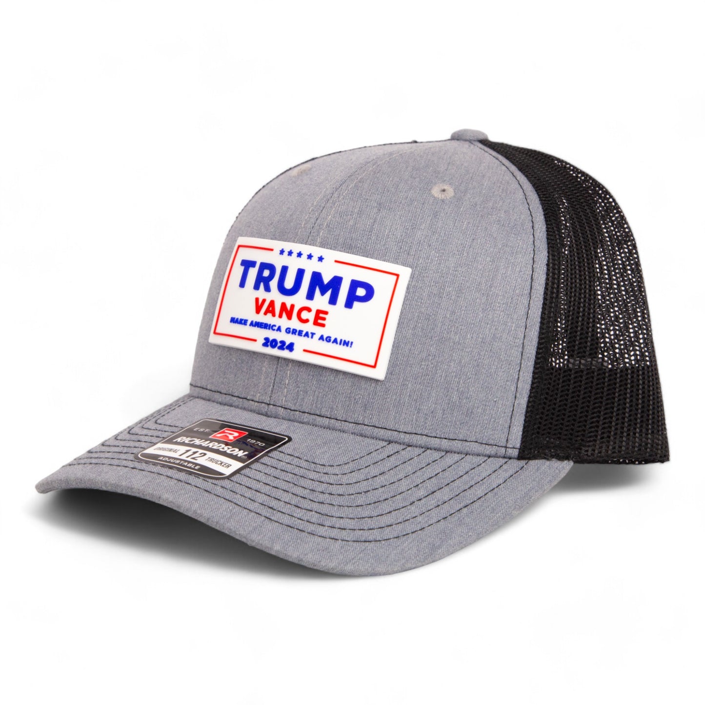 Trump Vance 2024 MAGA White Logo 3D Snapback Trucker Hat- Heather Grey/ Black