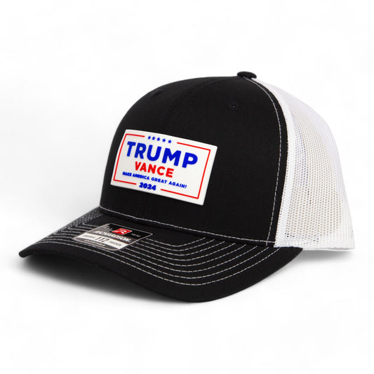 Trump Vance 2024 MAGA White Logo 3D Snapback Trucker Hat- Black/ White