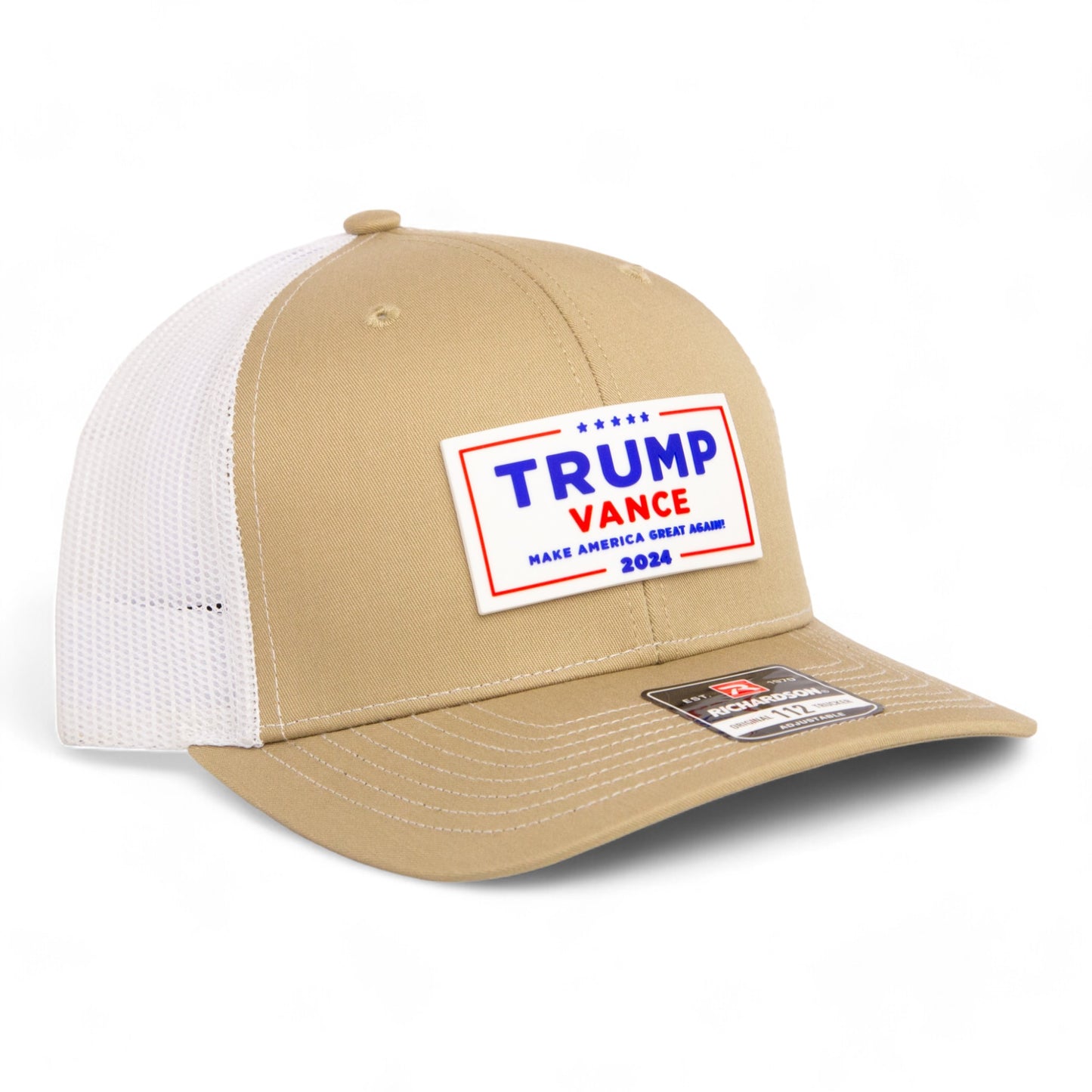 Trump Vance 2024 MAGA White Logo 3D Snapback Trucker Hat- Tan/ White