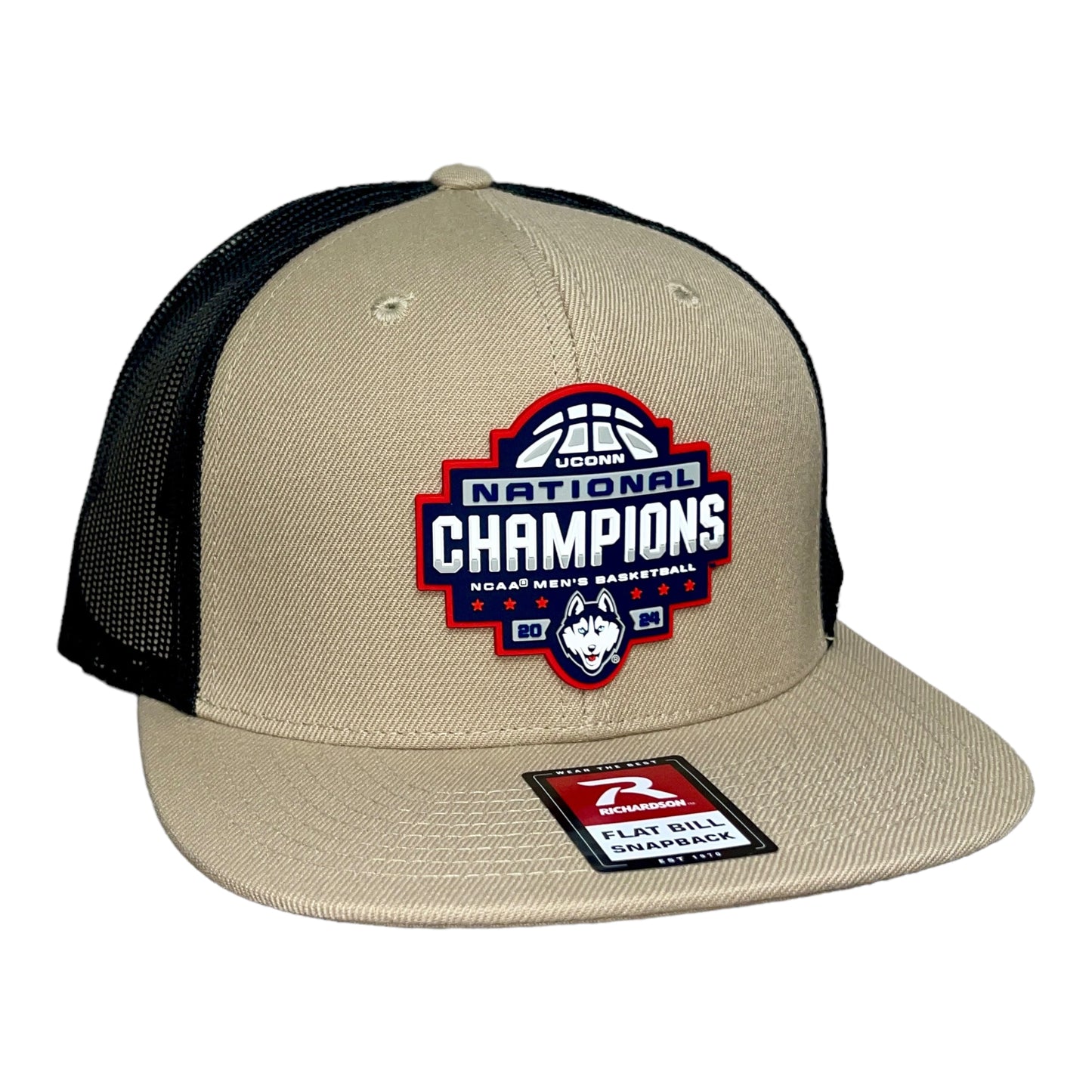 UConn Huskies 2024 NCAA Men's Basketball National Champions Wool Blend Flat Bill Hat- Tan/ Black