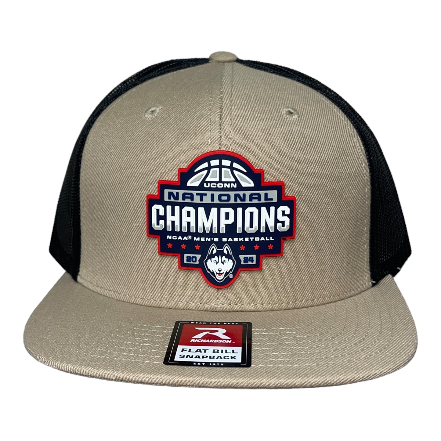 UConn Huskies 2024 NCAA Men's Basketball National Champions Wool Blend Flat Bill Hat- Tan/ Black