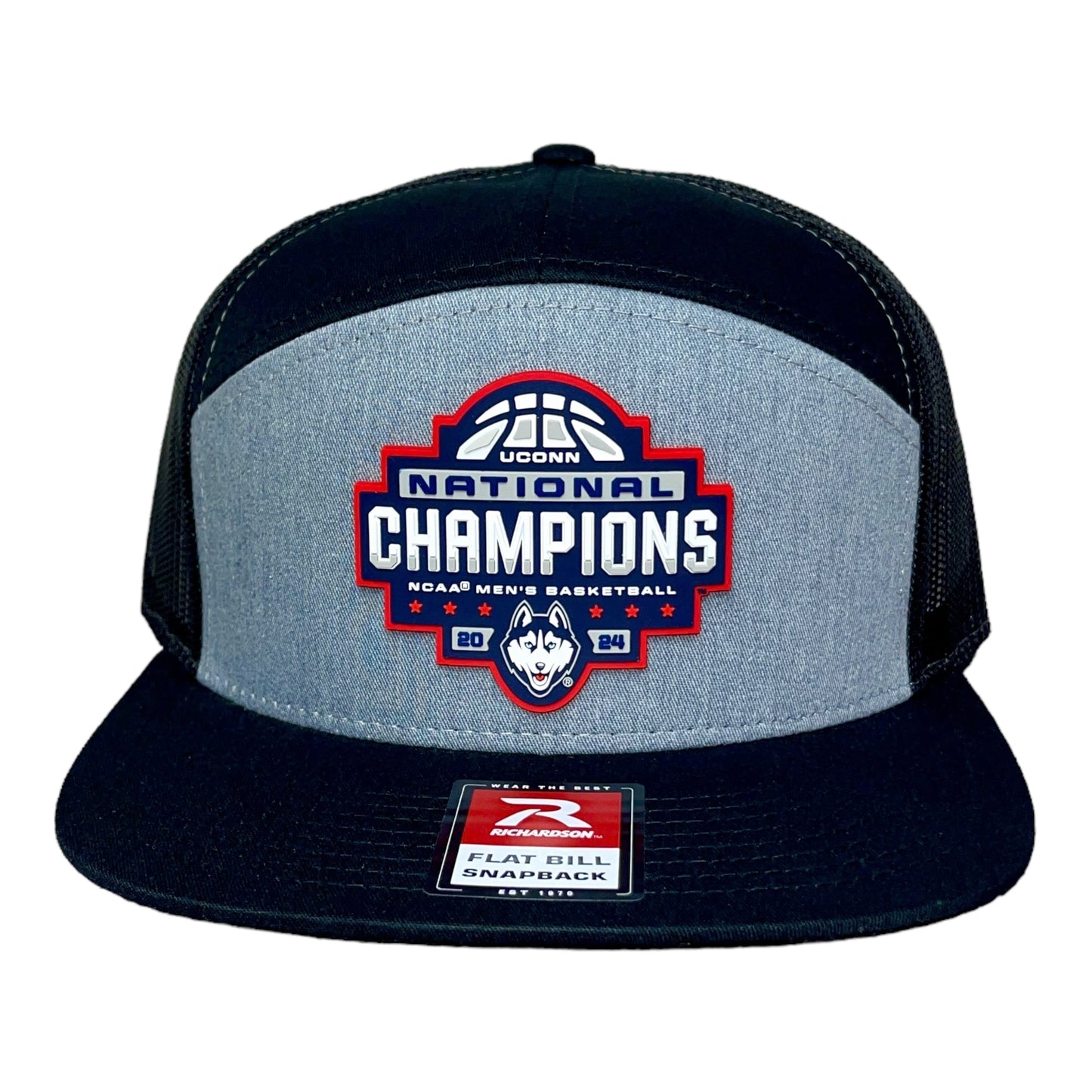 UConn Huskies 2024 NCAA Men's Basketball National Champions Snapback Seven-Panel Flat Bill Trucker Hat- Heather Grey/ Black