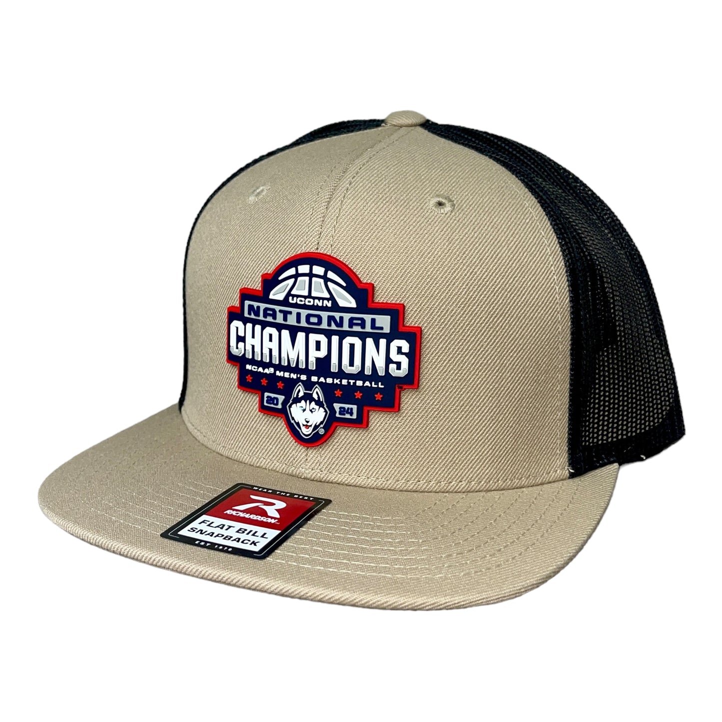 UConn Huskies 2024 NCAA Men's Basketball National Champions Wool Blend Flat Bill Hat- Tan/ Black