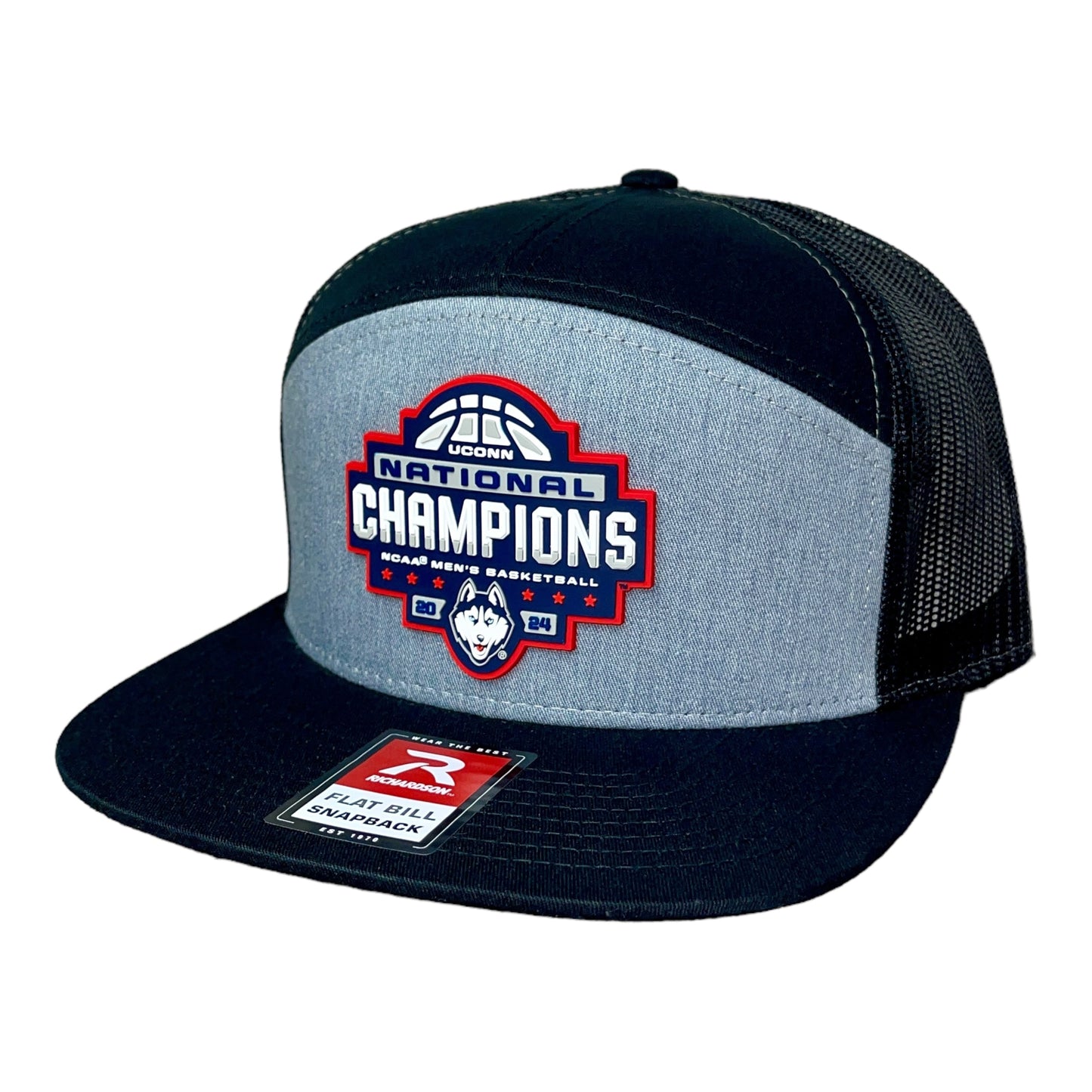 UConn Huskies 2024 NCAA Men's Basketball National Champions Snapback Seven-Panel Flat Bill Trucker Hat- Heather Grey/ Black