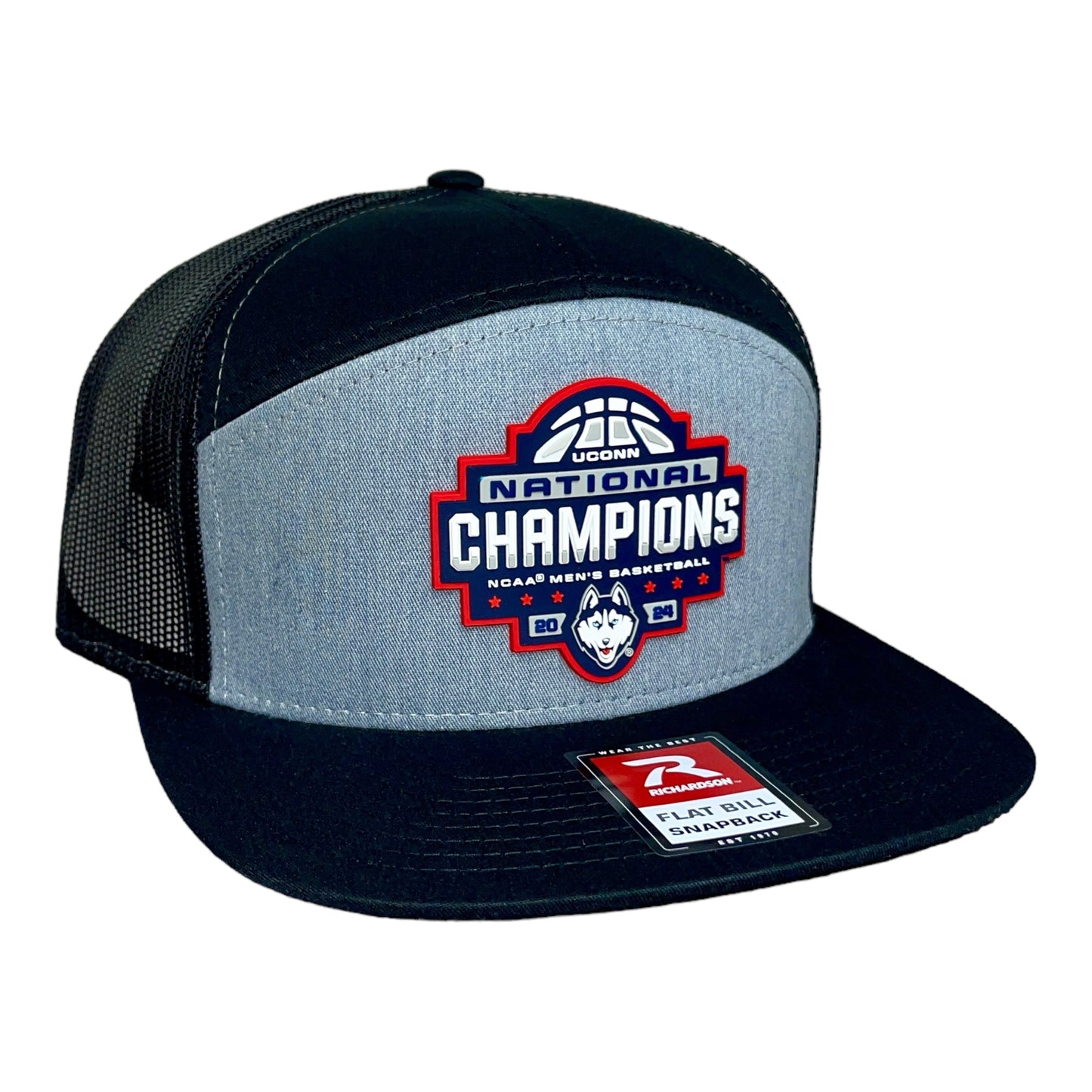 UConn Huskies 2024 NCAA Men's Basketball National Champions Snapback Seven-Panel Flat Bill Trucker Hat- Heather Grey/ Black