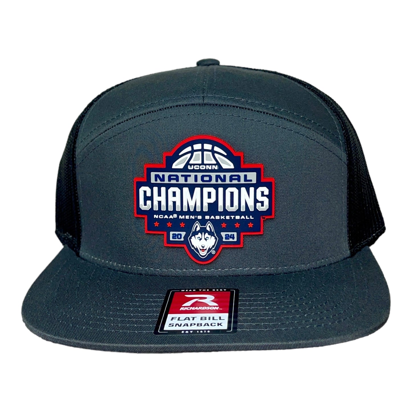 UConn Huskies 2024 NCAA Men's Basketball National Champions Snapback Seven-Panel Flat Bill Trucker Hat- Charcoal/ Black