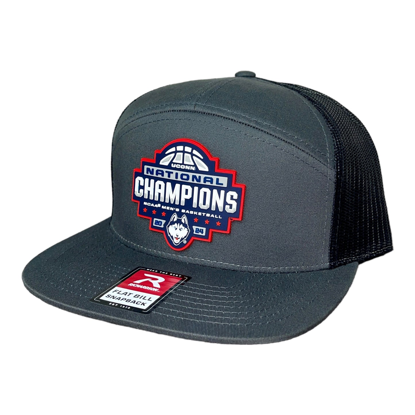 UConn Huskies 2024 NCAA Men's Basketball National Champions Snapback Seven-Panel Flat Bill Trucker Hat- Charcoal/ Black