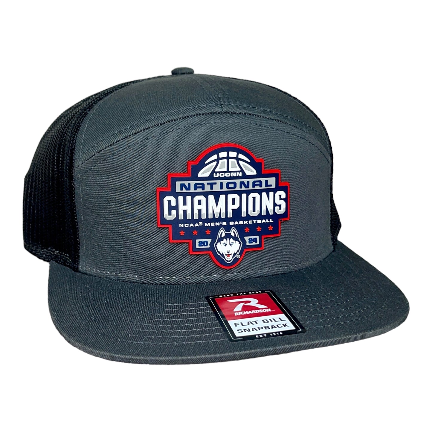 UConn Huskies 2024 NCAA Men's Basketball National Champions Snapback Seven-Panel Flat Bill Trucker Hat- Charcoal/ Black