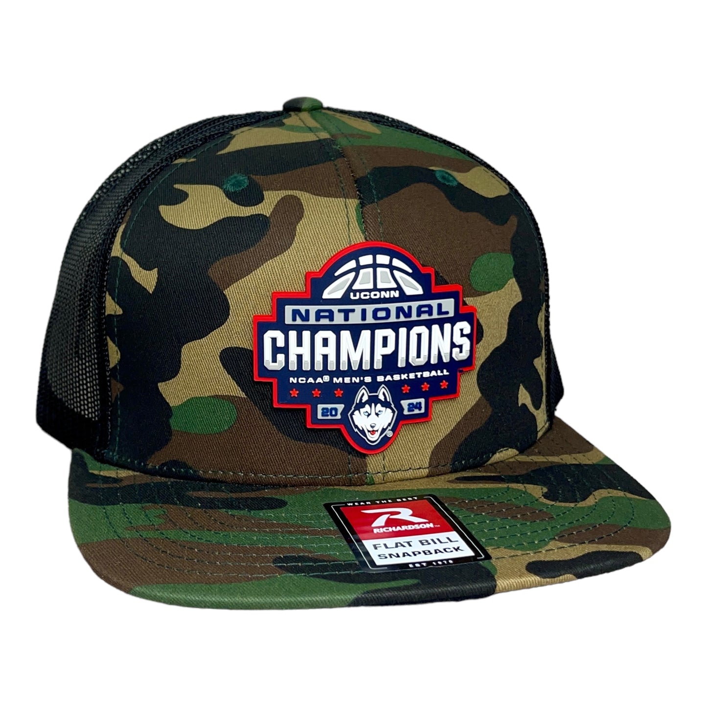 UConn Huskies 2024 NCAA Men's Basketball National Champions Wool Blend Flat Bill Hat- Army Camo/ Black