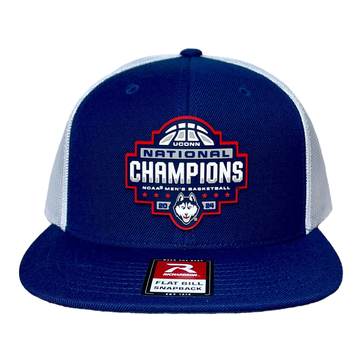 UConn Huskies 2024 NCAA Men's Basketball National Champions Wool Blend Flat Bill Hat- Navy/ White