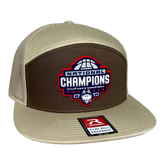 UConn Huskies 2024 NCAA Men's Basketball National Champions Snapback Seven-Panel Flat Bill Trucker Hat- Brown/ Tan