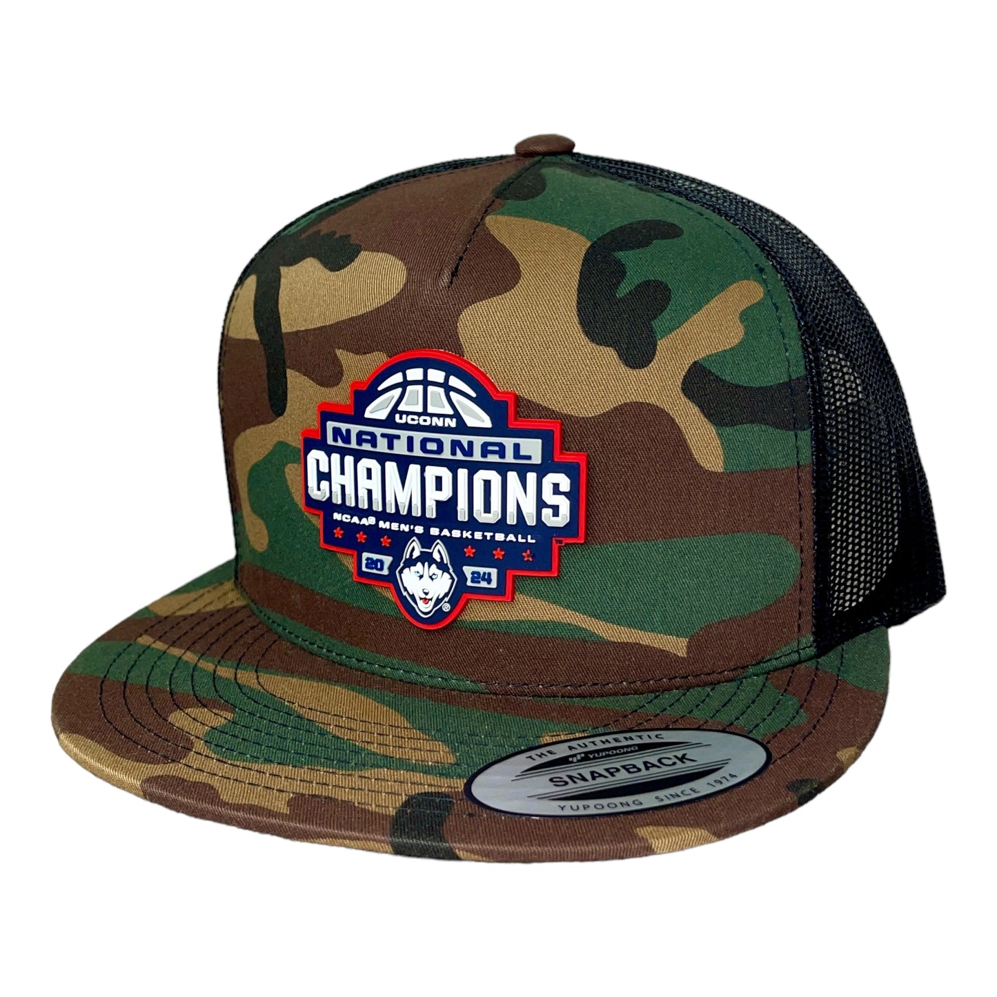 UConn Huskies 2024 NCAA Men's Basketball National Champions 3D YP Snapback Flat Bill Hat- Army Camo/ Black