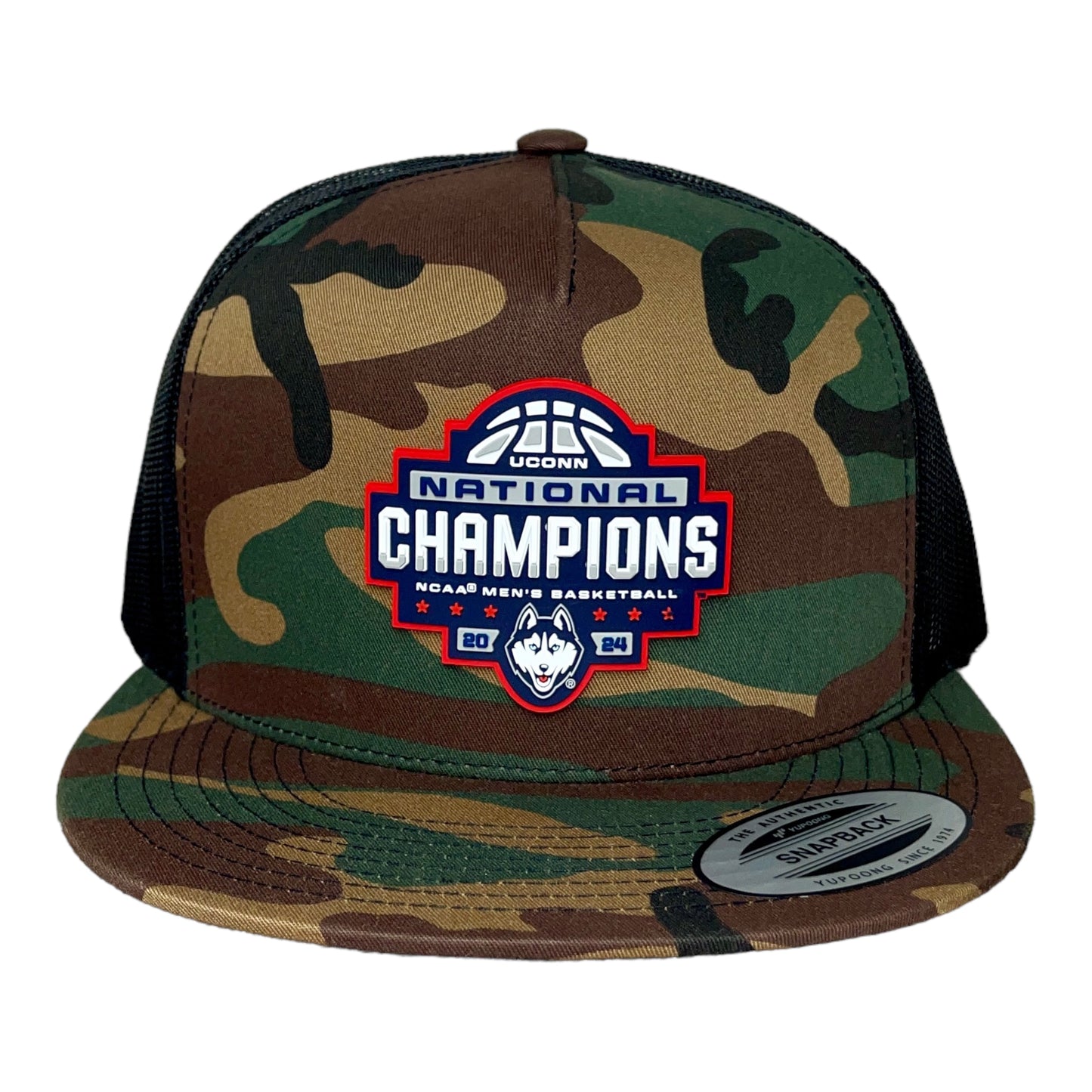 UConn Huskies 2024 NCAA Men's Basketball National Champions 3D YP Snapback Flat Bill Hat- Army Camo/ Black