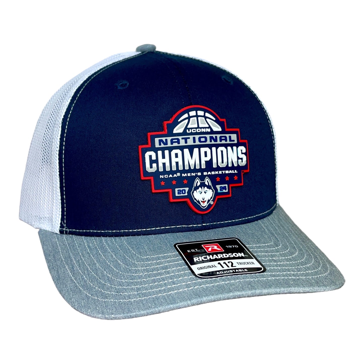 UConn Huskies 2024 NCAA Men's Basketball National Champions Snapback Trucker Hat- Navy/ White/ Heather Grey