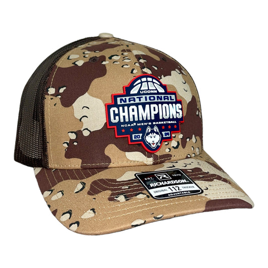 UConn Huskies 2024 NCAA Men's Basketball National Champions Snapback Trucker Hat- Desert Camo/ Brown