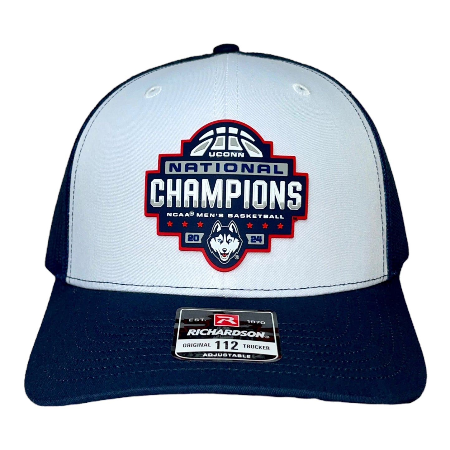 UConn Huskies 2024 NCAA Men's Basketball National Champions Snapback Trucker Hat- White/ Navy