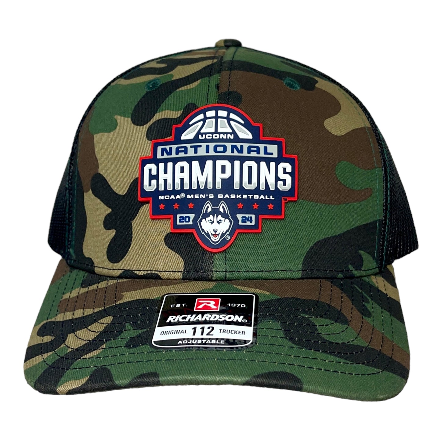 UConn Huskies 2024 NCAA Men's Basketball National Champions Snapback Trucker Hat- Army Camo/ Black