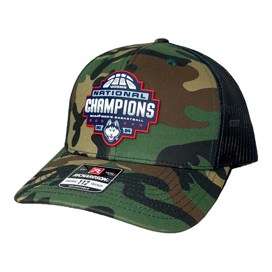 UConn Huskies 2024 NCAA Men's Basketball National Champions Snapback Trucker Hat- Army Camo/ Black