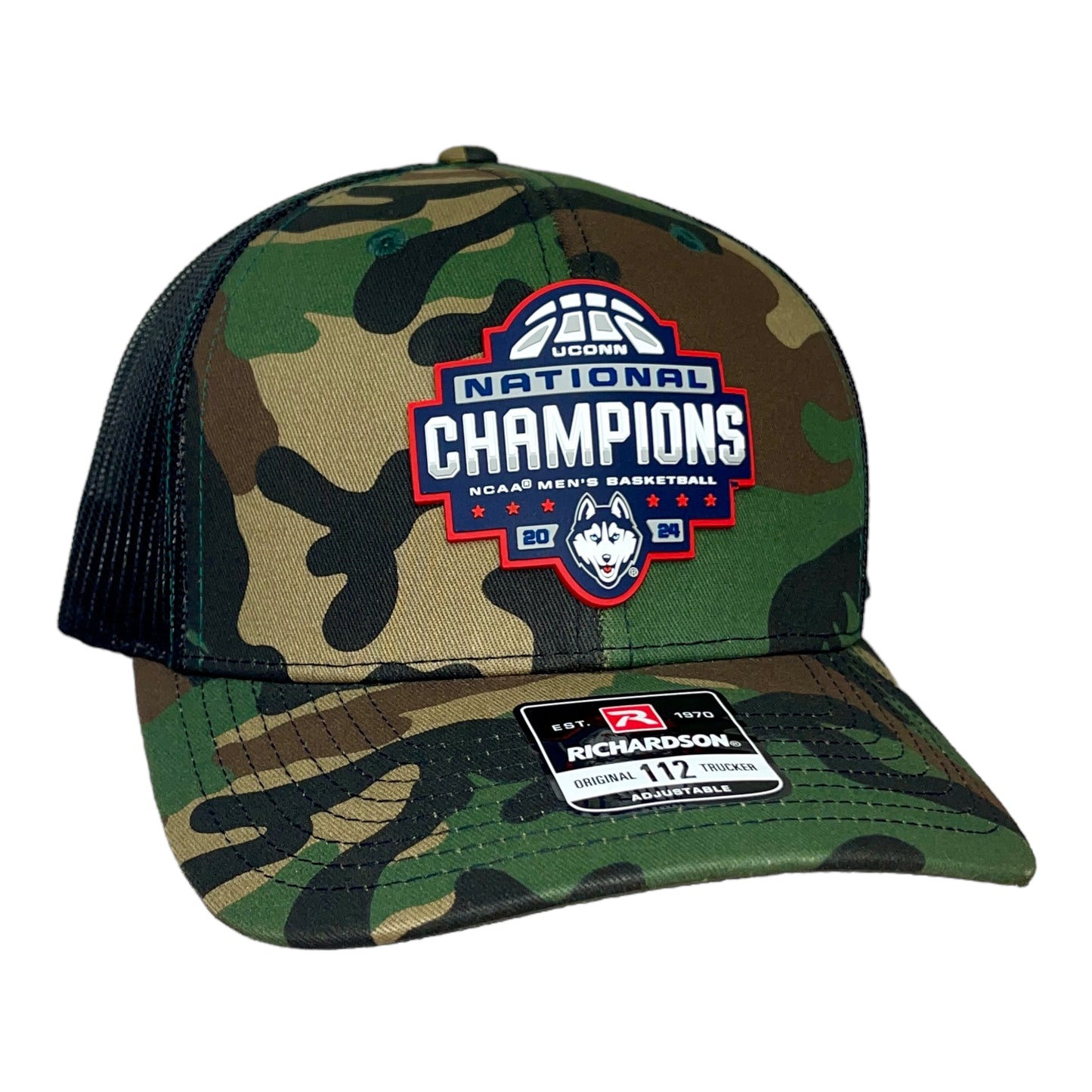 UConn Huskies 2024 NCAA Men's Basketball National Champions Snapback Trucker Hat- Army Camo/ Black