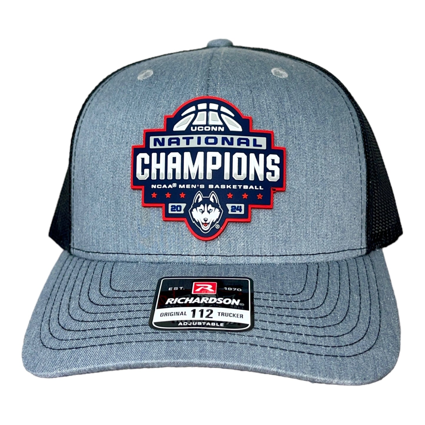 UConn Huskies 2024 NCAA Men's Basketball National Champions Snapback Trucker Hat- Heather Grey/ Black